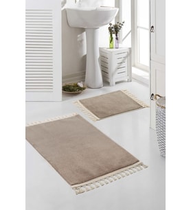 Vl Yıkanabilir Premium Ponpon Saçaklı Kaymaz Taban Post Peluş Banyo Paspası 2'li Takım (Kahverengi)