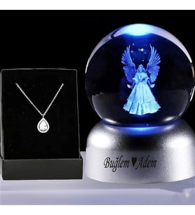 Kişiye Özel  Led Işıklı Cam Melek Küre Dolunay Lamba Kristal Top Ve Damla Kolye
