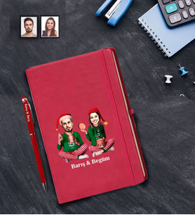 Kişiye Özel Yılbaşı Sevgili Karikatürlü Kırmızı Defter Kalem Hediye Seti Model-5