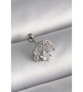 316L Çelik Gümüş Renk Zirkon Taşlı Ay Yıldız Tragus Piercing