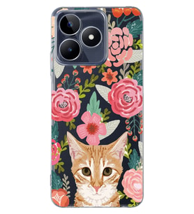 Realme C53 Uyumlu Kedi ve Çiçek Desenli Şeffaf Telefon Kılıfı