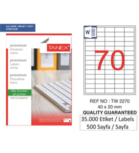 Tanex Lazer Etiket tw-2270 500 A4 Sayfa Laser Etiket 40 X 20 mm Boyutunda 1 A4 Sayfada 70 Etiket