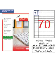 Tanex Lazer Etiket tw-2270 500 A4 Sayfa Laser Etiket 40 X 20 mm Boyutunda 1 A4 Sayfada 70 Etiket