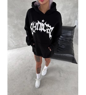 Unisex Üç İplik Kapşonlu Baskılı SweatShirt - Siyah