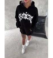 Unisex Üç İplik Kapşonlu Baskılı SweatShirt - Siyah