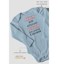 Annem İçin Dünyayı Teyzem İçin Annemi Yakarım Baskılı Bebek Zıbını  %100 Pamuk Uzun Kol (Bebek Mavisi)