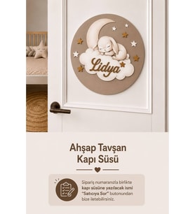 Ahşap Çocuğun İsmine Özel Aylı Bulutlu Tavşanlı Kapı Süsü-Bebek Hastane Kapısı ve Bebek Odası için Kapı Süsü