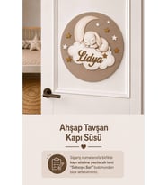 Ahşap Çocuğun İsmine Özel Aylı Bulutlu Tavşanlı Kapı Süsü-Bebek Hastane Kapısı ve Bebek Odası için Kapı Süsü