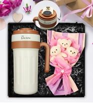 Kişiye Özel Çelik 700 ML Dereceli Termos & Üçlü Peluş Ayıcık Buketi