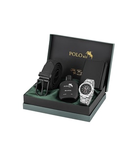 Polo Air Erkek Kol Saati Esnek Kemer Mıknatıslı Cüzdan Parfümlü Kombin Set Gümüş Siyah Renk PL-7034E1