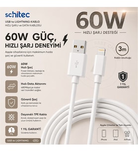 Winex 3A 60W UsbA to Lightning 3Metre Data ve Hızlı Şarj Kablosu Beyaz SX233M