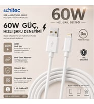 Winex 3A 60W UsbA to Lightning 3Metre Data ve Hızlı Şarj Kablosu Beyaz SX233M