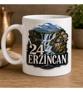 Erzincan Temalı Memleket Kupası – 24 Erzincan Dağ Şelale ve Geleneksel Evler Baskılı Seramik Kupa