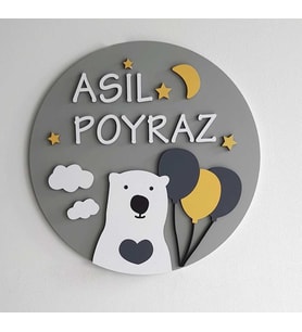 İSME ÖZEL ÇOCUK ODALARI İÇİN BALON TUTAN AYI DEKORATİF KAPI SÜSÜ