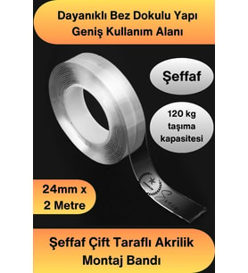 #ÇiftTaraflıBant 120 Kg Taşıma Kapasiteli Şeffaf Çift Taraflı Akrilik Montaj Bandı 24mm x 2 Metre Gü