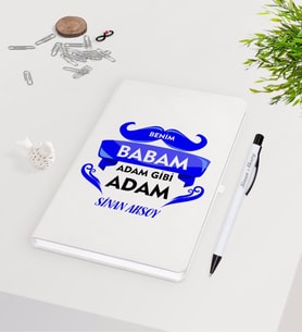BK Gift Kişiye Özel Benim Babam Adam Gibi Adam Tasarımlı 9x14cm Beyaz Defter ve Kalem Hediye Seti - Model 1