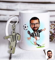 BK Gift Kişiye Özel Siyah-Beyaz Futbolcu Karikatür ve Formalı Metal Anahtarlık Hediye Seti