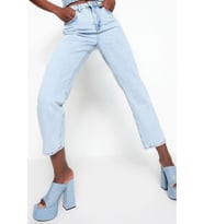 Stil Kadın Moda Denim Kot Pantolon Regular Boru Paça Yüksek Bel Straight Jeans (Açık Mavi)