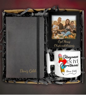 Öğretmenler Günü 5 Farklı Tasarım İle Kişiye Özel Defter&Kişiye Özel T Kupa&Kişiye Özel Fotoğraflı Çerçeve Hediye Kutusu (Kırmızı)