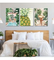3'lü Kanvas Duvar Tablosu Boho Kadın Görseli ve Yeşil Ananas