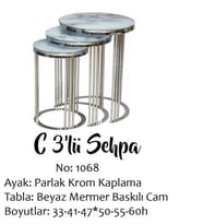 Brc EKO C 13382 Zigon Sehpa 3lü Beyaz Mermer Desen Metal Parlak Krom Ayak El Yapı