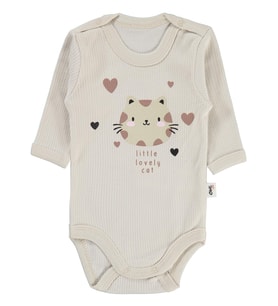 Civil Baby Kedi Baskılı 0-3 Yaş Çıtçıtlı Badi - Bej (Taş)