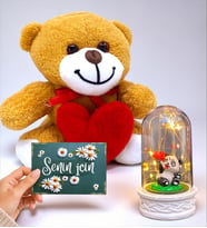 Muhteşem Hediye Seti Kalpli Sevimli Peluş Ayıcık, Senin İçin Kartı ve Led Işıklı Fanus (Model 4)
