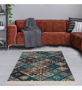 Kilim Desenli Etnik Dijital Baskı Yıkanabilir Kaymaz Taban Eskitme Salon Halı ve Yolluk (Yeşil)