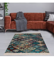 Kilim Desenli Etnik Dijital Baskı Yıkanabilir Kaymaz Taban Eskitme Salon Halı ve Yolluk (Yeşil)