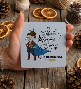 Kişiye Özel Best Teacher Ever Bardak Altlığı Öğretmenler Günü Hediyesi (Beyaz)