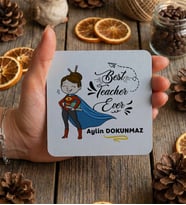 Kişiye Özel Best Teacher Ever Bardak Altlığı Öğretmenler Günü Hediyesi (Beyaz)
