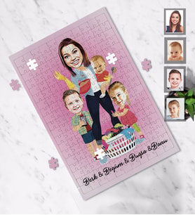 Kişiye Özel Anneler Günü Anne ve Çocukları Karikatürlü A3 130 Parça Puzzle Model-1