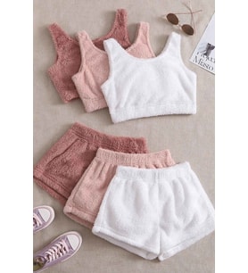 Merry See 3 Lü Set Kolsuz Askılı Peluş Polar Alt Üst Şortlu Pijama Takımı