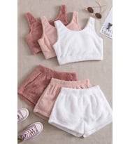 Merry See 3 Lü Set Kolsuz Askılı Peluş Polar Alt Üst Şortlu Pijama Takımı (Çok Renkli)