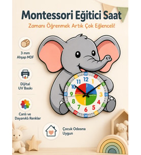 Montessori Eğitici Fil Temalı Çocuk Duvar Saati  Renkli Ahşap Saat + UV Baskı