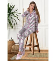 Mecit 5923 Bayan Flamingo Desenli Boydan Düğmeli Pijama Takımı (Ekru)