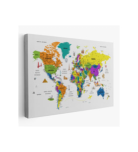 Türkçe Dünya Haritası Son Derece Ayrıntılı Eğitici ve Sembollü Kanvas Tablo 3178