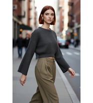 Kadın Oversize Gri Akrilik Selanik Dokuma Super Crop İspanyol Kol Triko Kazak Günlük Stilinize