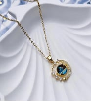 Bontexs 316L Zirkon Taşlı Gezegen ve Yıldız Figürlü Zincir Kolye Altın Kaplama Işıltılı Satürn ve Hilal Kolye - Galaksi Temalı Kolye (Mavi-Rose Gold)