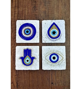Doğal Taş Bardak Altlığı 4'lü Set - Nazar Boncuğu - Stone Coasters