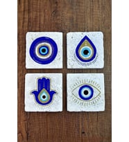 Doğal Taş Bardak Altlığı 4'lü Set - Nazar Boncuğu - Stone Coasters