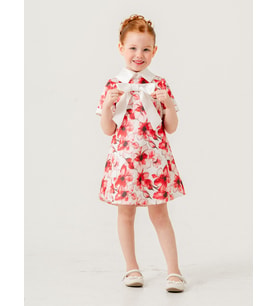 Babyhola 3-7 Yaş Japon Stil Bebe Yaka Çiçek Desenli Saten Kız Çocuk Özel Gün Elbise 7092 (Kırmızı)