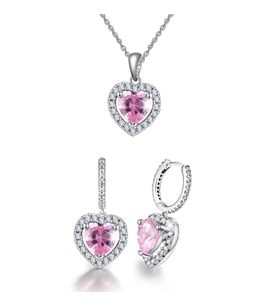 Yantra Silver 925 Ayar Gümüş Kalpli Zirkon Taşlı Sallantılı Kolye ve Küpe Seti (Pembe)