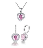 Yantra Silver 925 Ayar Gümüş Kalpli Zirkon Taşlı Sallantılı Kolye ve Küpe Seti (Pembe)