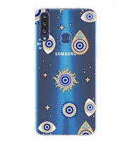 PrintiFy Samsung Galaxy A20s ile Uyumlu 1mm Slim Fit Nazar Boncuğu 5 Baskılı Şeffaf  Kılıf
