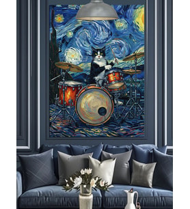 Van Gogh Temalı Bateri Çalan Kedi Dekoratif Kanvas - Mdf Ahşap Tablo
