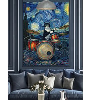 Van Gogh Temalı Bateri Çalan Kedi Dekoratif Kanvas - Mdf Ahşap Tablo