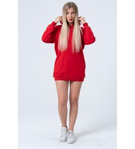 Kırmızı Uzun Sweatshirt Elbise Tunik Uzun Kollu Yandan Cepli