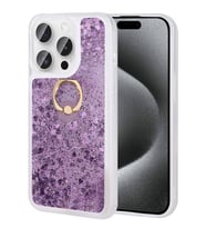 iPhone 15 Pro Max Kılıf Sıvılı Simli Pullu Yüzüklü Standlı Lüx Silikon (Mor)