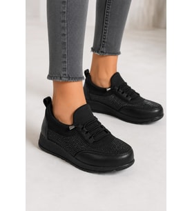 Sincere Rahat Taban Bağcıklı Taş Detaylı Kadın Sneaker Ayakkabı - Siyah